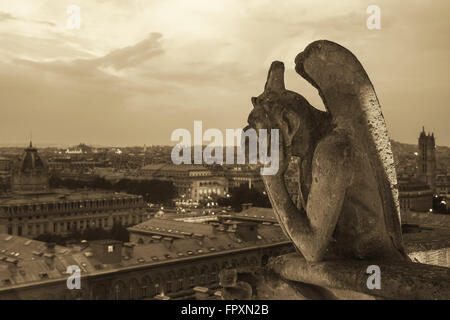 Gargoyle on Notre Dame Cathedral and city of Paris, France Stock Photo