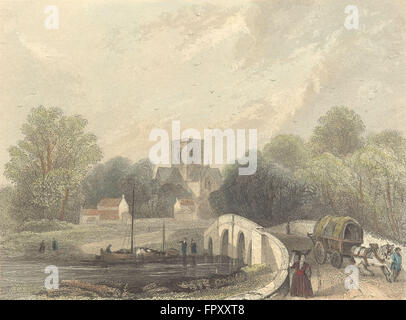 WALES: St Asaph's Cathedral view bridge, antique print 1850 Stock Photo