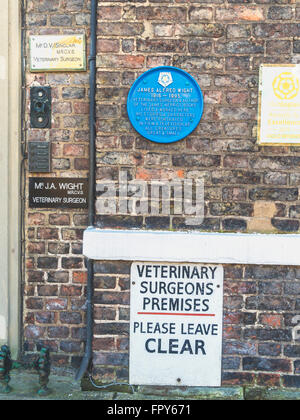 Signs at the door of the James Herriot museum formerly the veterinary practice of author Alf Wight Stock Photo