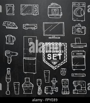 Home appliances doodle set. Vector illustration. Household equipment and facilities isolated on black background. Stock Vector