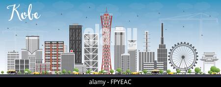 Kobe Skyline with Gray Buildings and Blue Sky. Vector Illustration. Business and Tourism Concept with Modern Buildings. Stock Vector