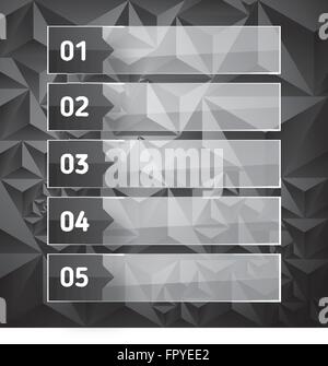 Numbered list template with transparent glass rectangles. Low poly dark background with copy space for your text and headers. Stock Vector