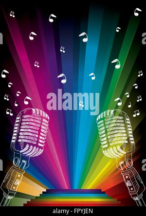 vector white hand-drawn microphone on rainbow background Stock Vector