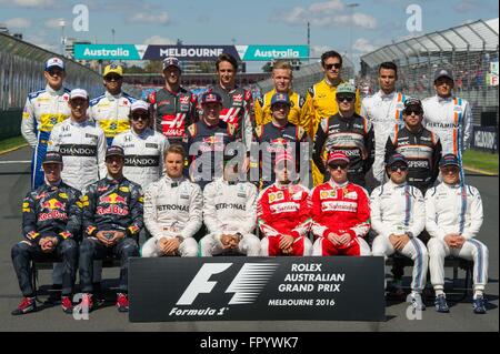 Melbourne, Australia. 20th Mar, 2016. Formula One drivers pose for a group photo ahead of the Australian Formula One Grand Prix at the Albert Park in Melbourne, Australia, March 20, 2016. © Bai Xue/Xinhua/Alamy Live News Stock Photo
