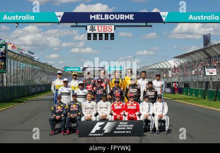 Melbourne, Australia. 20th Mar, 2016. Formula One drivers pose for a group photo ahead of the Australian Formula One Grand Prix at the Albert Park in Melbourne, Australia, March 20, 2016. © Bai Xue/Xinhua/Alamy Live News Stock Photo