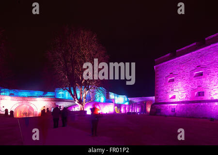 The illuminated Ehrenbreitstein Fortress during a preview of the light art event 'Rheinleuchten' (lit. Rhine alight) in Koblenz, Germany, 19 March 2016. The event will run until 02 April. Photo: Photo: THOMAS FREY/dpa Stock Photo