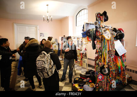 New York City, USA, 20 March 2016:  Interior of St Paul's Chapel housing display of emergency personnel badges associated with the 911 attack during Palm Sunday procession from St Paul's Chapel to Trinity Church Credit:  Andrew Katz/Alamy Live News Stock Photo