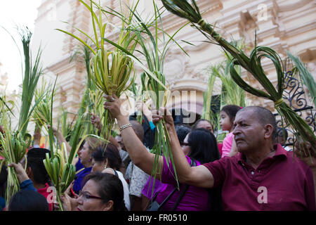 Tegucigalpa, Honduras. 20th Mar, 2016. Honduran residents hold branches of palm during a procession on the occasion of Palm Sunday, in the framework of the Holy Week, in front of the St. Michael Archangel Cathedral of Tegucigalpa, in the city of Tegucigalpa, capital of Honduras, on March 20, 2016. © Rafael Ochoa/Xinhua/Alamy Live News Stock Photo