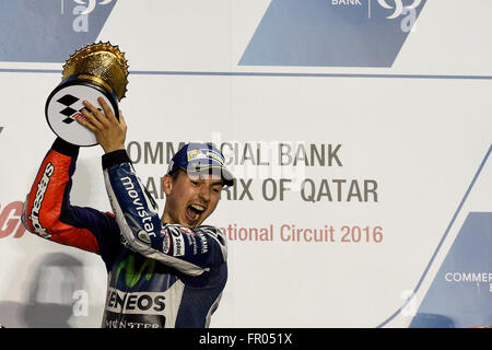 Losail International Circuit, Doha, Qatar. 20th Mar, 2016. Commercial Bank Grand Prix of Qatar. Jorge Lorenzo with the trophy for 1st place of podium. Credit:  Action Plus Sports/Alamy Live News Stock Photo