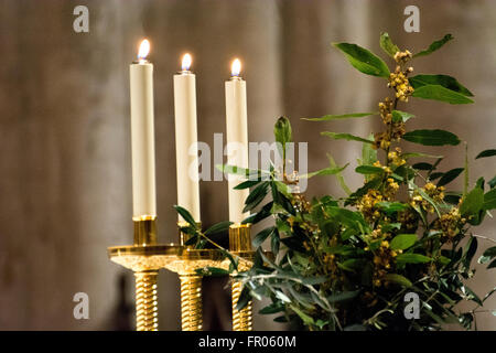 Oviedo, Spain. 20th March, 2016. Candles and bouquets of laurel, during the mass at Oviedo Cathedral at Palm Sunday, that commemorates Jesus' triumphal entry into Jerusalem, on March 20, 2016 in Oviedo, Spain. Credit:  David Gato/Alamy Live News Stock Photo