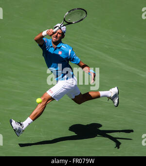 Indian Wells, California in the USA. 20th Mar, 2016. Novak Djokovic of Serbia returns the ball to Milos Raonic of Canada during the men singles final match of the BNP Paribas Open tennis tournament in Indian Wells, California in the United States, on March 20, 2016. Djokovic won 6-4, 6-4. Credit:  Zhao Hanrong/Xinhua/Alamy Live News Stock Photo