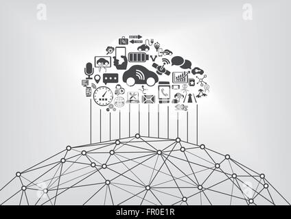 Connected car and internet of things infographic concept. Driverless cars connected to the world wide web. Stock Vector