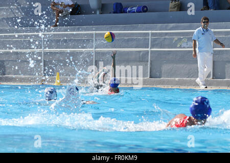 ATHENS, GREECE - 7, OCTOBER, 2012 : Female water polo championship. Final game between team Vouliagmeni from Athens, Greece (won) and Kinef from Kirishi, Russia Stock Photo