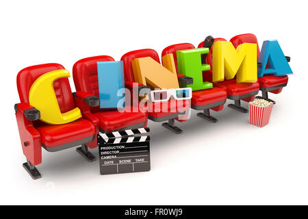 Cinema, movie or video concept. Row of seats with popcorm, glasses and clapper board  isolated on white. 3d Stock Photo