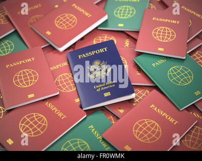 Passport of USA on the pile of different passports. Immigration concept. USA passports. 3d Stock Photo