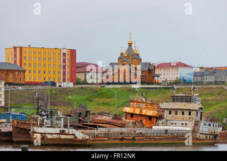 Cityscape of Anadyr from the harbor, Russia Far East Stock Photo