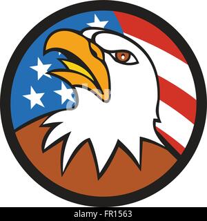 Illustration of an american bald eagle head looking up viewed from side set inside circle with usa flag stars and stripes in the background done in cartoon style. Stock Vector
