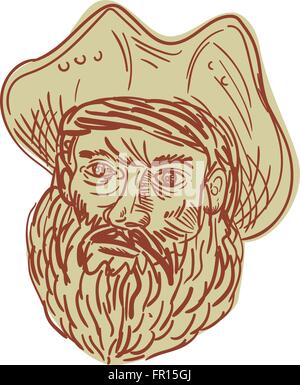 Drawing sketch style illustration of a head of a bearded pirate wearing hat viewed from front set on isolated white background. Stock Vector
