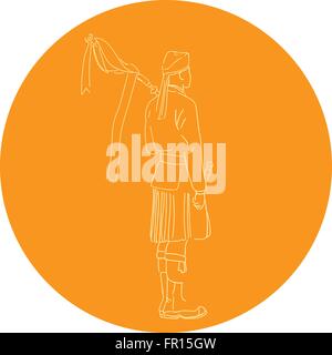 Drawing sketch style illustration of a Scotsman Scottish soldier bagpiper wearing scottish bonnet highland dress with bagpipes viewed from the back set inside circle. Stock Vector