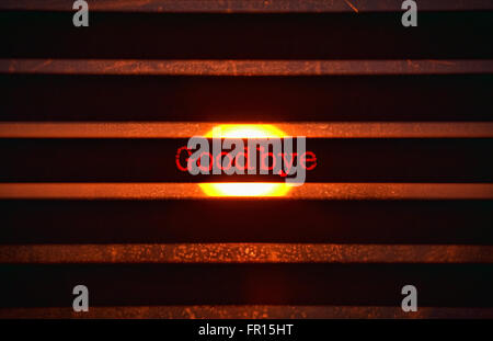 Word Goodbye in red and bright sunlight in the background Stock Photo