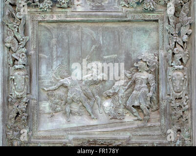 Flagellation of Jesus Christ, sculpture work panel from Giambologna's school, Cathedral of the Assumption in Pisa, Italy Stock Photo