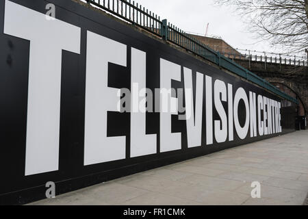 Television Centre signage on the site of the former BBC Television Centre Headquarters at White City in West London Stock Photo