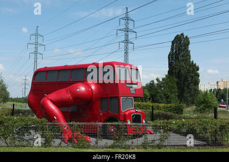 Art installation London Booster (2012) created by Czech visual artist David Cerny seen parked in Chodov district in Prague, Czech Republic. Famous art installation London Booster was created by David Cerny from a 1957 London double-decker bus for the 2012 Summer Olympics in London, UK. Stock Photo