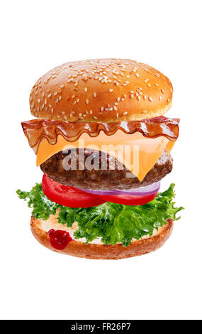 hamburger burger with flying falling ingredients on white background Stock Photo