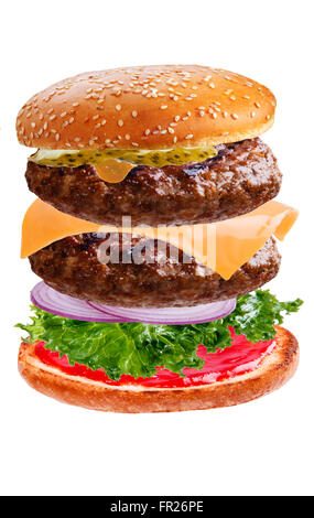 hamburger burger with flying falling ingredients on white background Stock Photo