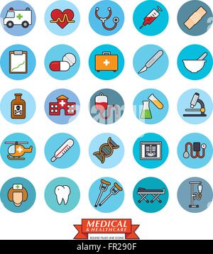 Medical and health care related filled line icons in blue circles Stock Vector