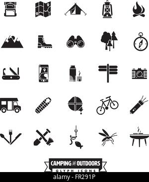 camping, hiking and outdoor pursuit vector glyph icon collection Stock Vector