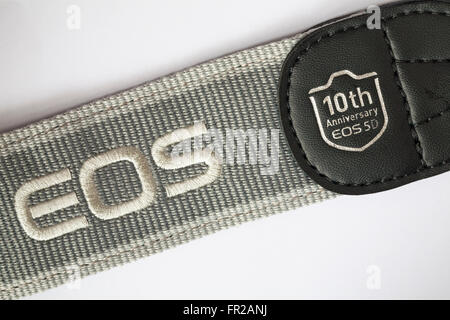 Detail on Canon EOS 5D Mark III camera strap marking the 10th anniversary of EOS 5D camera