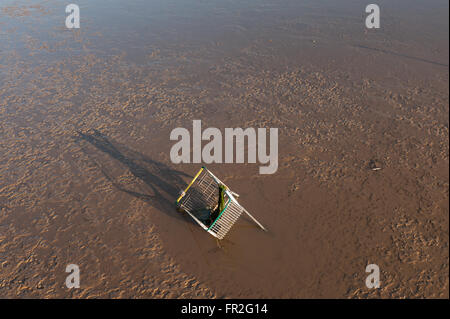 Sunrises over a discarded Morrison's shopping trolley partly submerged in mud and silt exposed at low tide in Thames Stock Photo