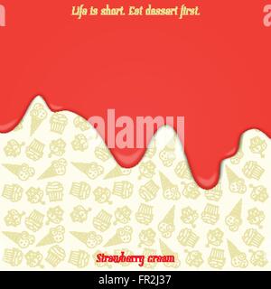 flowing strawberry cream over desssert icons seamless pattern. vector dessert background. closeup sweet fruit jam wallpaper. bak Stock Vector