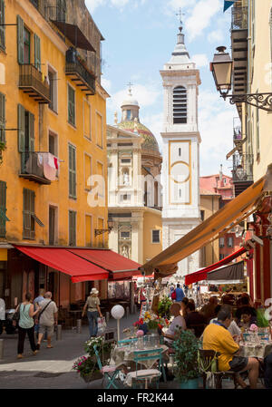 Nice, Cote d'Azur, French Riviera, France.  Vieille Ville, the Old Town.  View up Rue Rossetti towards Nice Cathedral Stock Photo