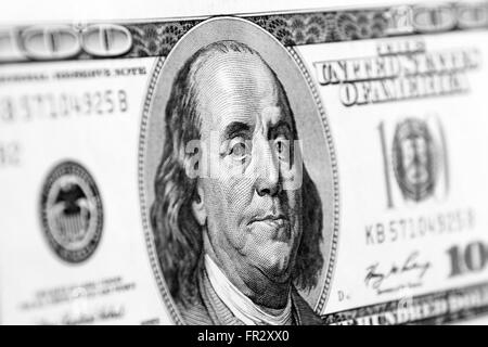 Benjamin Franklin on one hundred dollar banknote closeup Stock Photo
