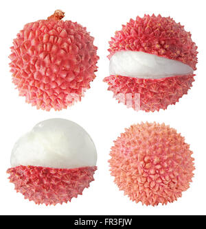 Collection of whole and cut lychee fruits isolated on white with clipping path Stock Photo