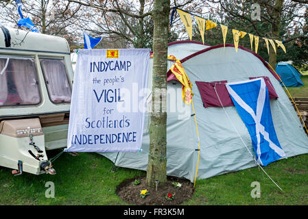 A group of campaigners have set up camp outside the Scottish Parliament calling for a second independence referendum. Stock Photo