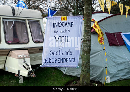 A group of campaigners have set up camp outside the Scottish Parliament calling for a second independence referendum. Stock Photo