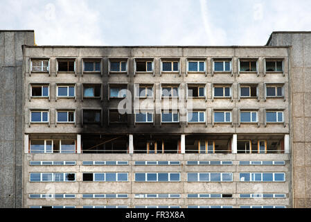 Facade of highrise house after an explosion and fire Stock Photo