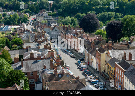 Broad Street and the Broad Gate from the tower of the Parish Church of St. Laurence, Ludlow, Shropshire, England, UK Stock Photo