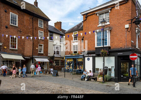 Looking towards the narrow Church Street from the Market Square, High Street, Ludlow, Shropshire, England, UK Stock Photo