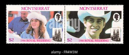 Pair of postage stamps from Montserrat depicting Sarah Ferguson and Prince Andrew, royal wedding in 1986. Stock Photo