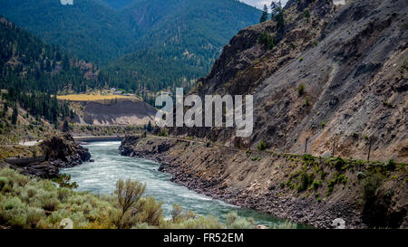 The Fraser River as it winds its way through the Fraser Canyon to the Pacific Ocean on the west coast of Vancouver, BC, Canada Stock Photo