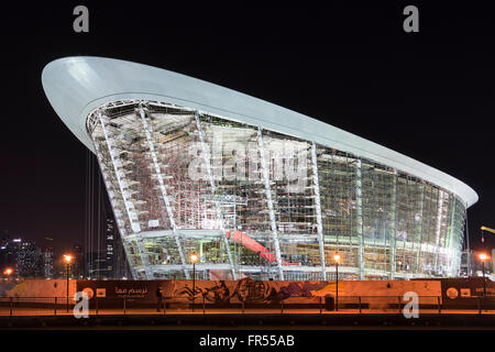 Night view of new Dubai Opera House under construction in Downtown Dubai United Arab Emirates Stock Photo