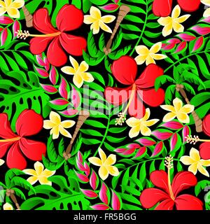 Tropical frangipani palms and hibiscus flowers seamless pattern. Stock Vector