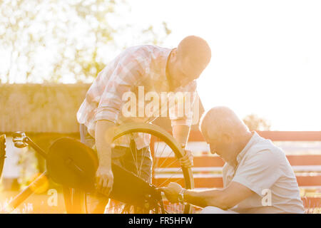 Father and adult son fixing bicycle Stock Photo