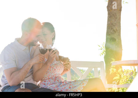 Affectionate couple hugging and drinking red wine on sunny bench Stock Photo