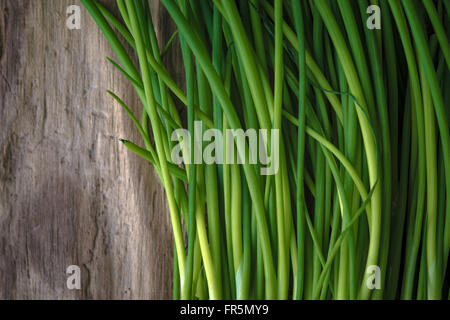 Green stalks of onions on a wooden table horizontal Stock Photo