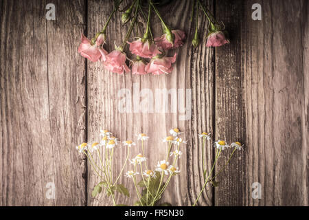 Roses and daisies on a wooden table horizontal Stock Photo
